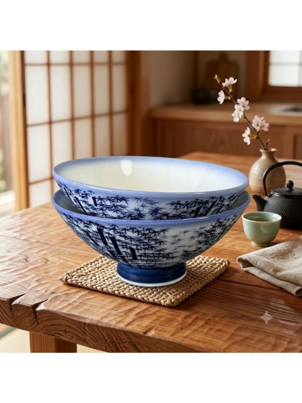 Japan Studio Pottery Blue Cobalt Bamboo Forest Rice Bowls Set of 2 Gyokko